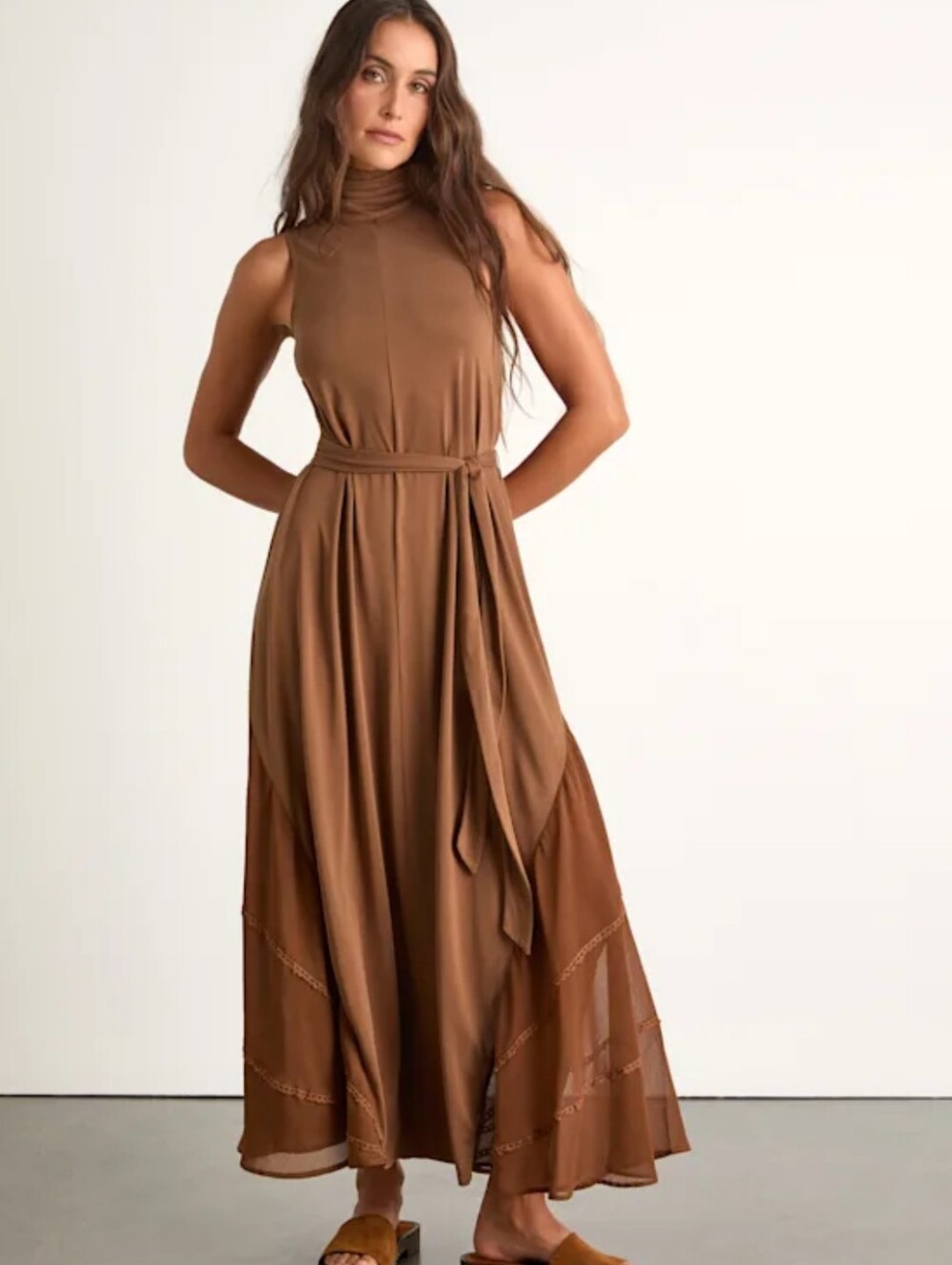 Lulus Sleeveless Brown High-Neck Maxi Dress with Waist Tie